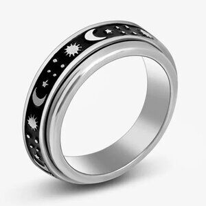 Stainless Steel Spinner Fidget Ring For Anxiety NEW Size 10 Moon & Stars Black